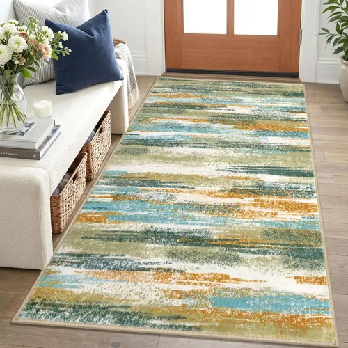 Miniatura 53 de Alfombra de pasillo moderna Lansny 2 x 6 pulgadas, alfombra de cocina lavable verde mostaza multicolor, alfombra antideslizante suave para pasillo