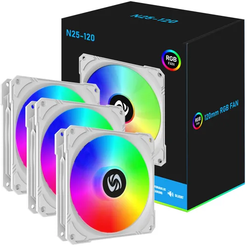 Ventilador de caja de 4.724 in, paquete de 3 ventiladores de caja RGB, N25-120 ventiladores de PC silenciosos blancos de 1200 rpm, rodamiento