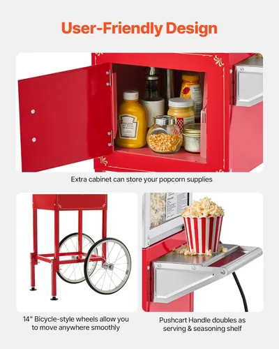 Miniatura 5 de VEVOR Máquina de palomitas de maíz con carro, hervidor de acero inoxidable de 8 onzas, máquina comercial de palomitas de maíz de 800 W, 48 tazas por