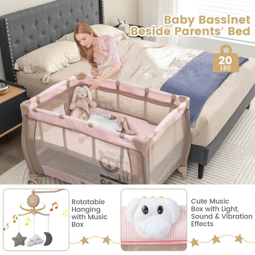 Miniatura 6 de Costzon 3 en 1 Rosa Pack and Play con Moisés, Corralito Portátil para Bebé con Mesa Cambiadora, Caja de Música, Juguetes Giratorios, Ruedas/Freno