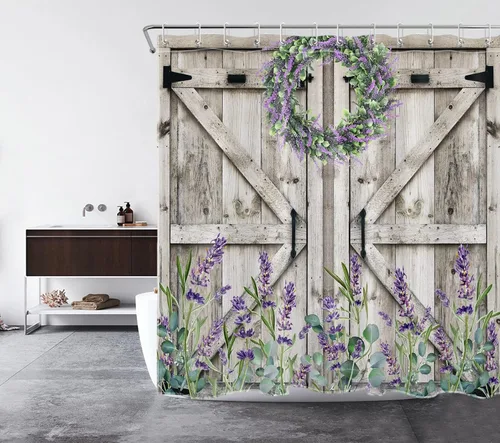 Miniatura 3 de Cortina de ducha con puerta de granero occidental para baño, lavanda púrpura y verde corona de eucalipto en tableros de madera rústica, cortina