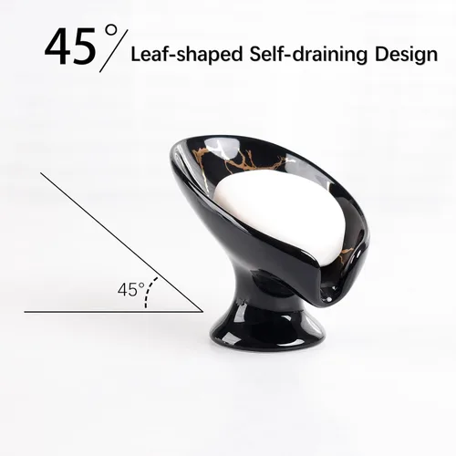 Miniatura 5 de Jabonera, Soporte de Jabón de Cerámica Autodrenante en Forma de Hoja para Jabón en Barra, Jabonera con Drenaje de Aspecto de Mármol Negro para Baño