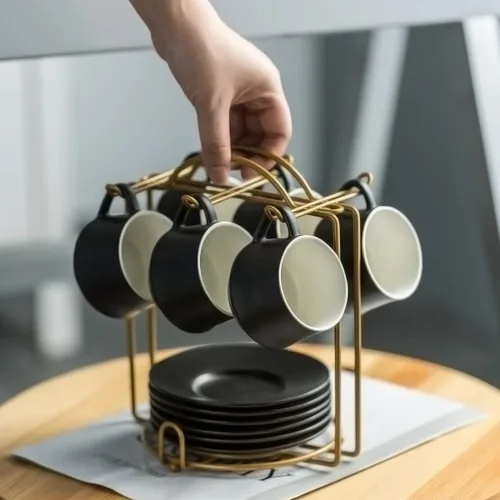 Miniatura 7 de YHOSSEUN Juego de 6 Tazas de Café Espresso de Cerámica, Tazas de Shots de Espresso de 4 Oz con Soporte, Platillos y Cucharas, Tazas Pequeñas de Café