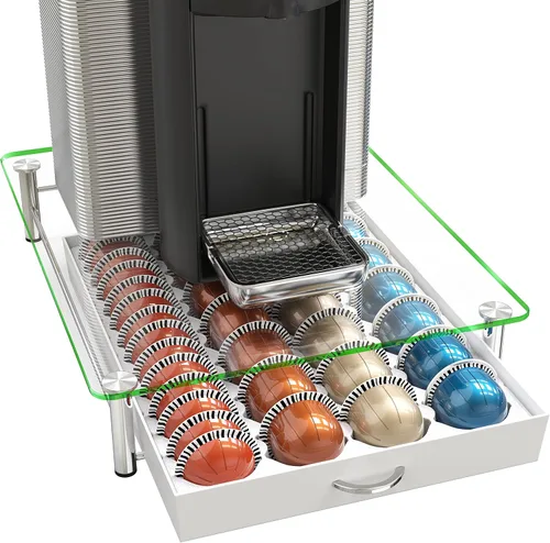 DecoBrothers Cajón Organizador de Cápsulas de Vidrio Templado de Cristal Vertuo, Organizador de 28 Cápsulas Grandes o 56 Pequeñas Nespresso, Blanco