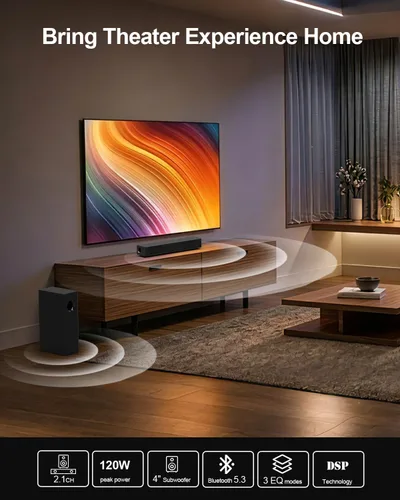 Miniatura 2 de Barra de sonido de 120 W, sistema de sonido envolvente de 2.1 canales para TV, barra de sonido con subwoofer para cine en casa, barra de sonido