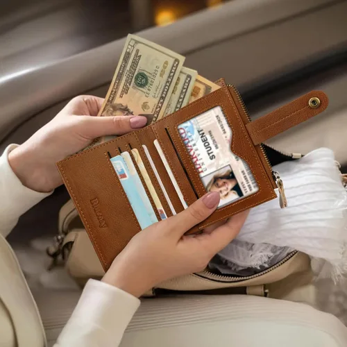 Miniatura 9 de Billetera de cuero para mujeres, billetera pequeña con bloqueo RFID para mujeres, billetera compacta de dos pliegues con tarjetero, ventana