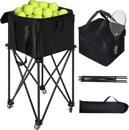 Miniatura 10 de Tolva portátil para pelotas de tenis con capacidad para 200 bolas, carrito de canasta de pelota de tenis con 4 ruedas y frenos, bolsa de tela Oxford
