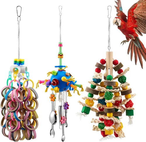 Miniatura 13 de Seenelling 3 piezas de juguete extra grande de loro de madera natural multicolor jaula de loro masticar juguetes para guacamayos grandes medianos