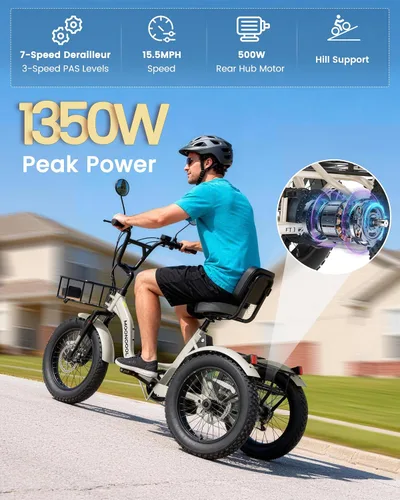 Miniatura 4 de MOONCOOL Triciclo eléctrico para adultos, 20 x 4 pulgadas, triciclo eléctrico con neumáticos gruesos, bicicleta eléctrica de 3 ruedas de 48 V, 500