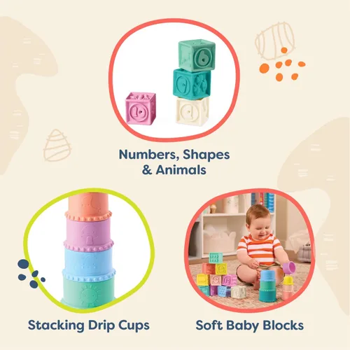 Miniatura 5 de B. toys Juguetes sensoriales para bebés - Bloques suaves para bebés - Vasos de goteo apilables - Números, formas y animales - Más de 6 meses