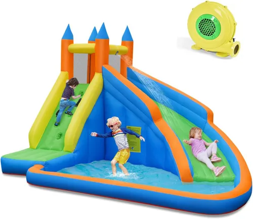 KOTEK Tobogán acuático inflable, tobogán acuático gigante con tobogán largo, pared de escalada y piscina grande de salpicaduras, toboganes acuáticos