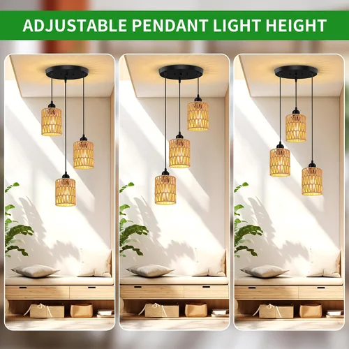 Miniatura 5 de Lámpara Colgante de Ratán de 3 Luces, Lámpara Colgante Bohemia de Granja con Pantallas de Mimbre Tejidas a Mano para Comedor, Isla de Cocina