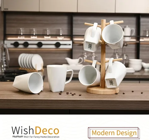 Miniatura 5 de WishDeco Juego de 6 tazas de café blancas, tazas de café de cerámica de 14 onzas, tazas de té modernas, tazas de té de porcelana, taza grande