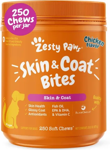 Zesty Paws Aceite de pescado Omega 3 para perros, vitaminas y suplementos para perros Zesty Paw para cadera, articulaciones y piel, pollo (250