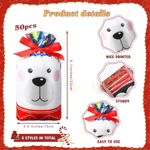 Miniatura 2 de Funrous 50 bolsas de dulces de Navidad a granel, bolsas de plástico con cordón de regalo, alce, muñeco de nieve, pingüino, bolsas de regalos