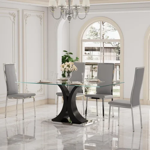 Miniatura 9 de Moderno juego de mesa de comedor rectangular de vidrio para 4, 63 pulgadas, mesa transparente de cocina de lujo con base negra y dorada, 4 sillas