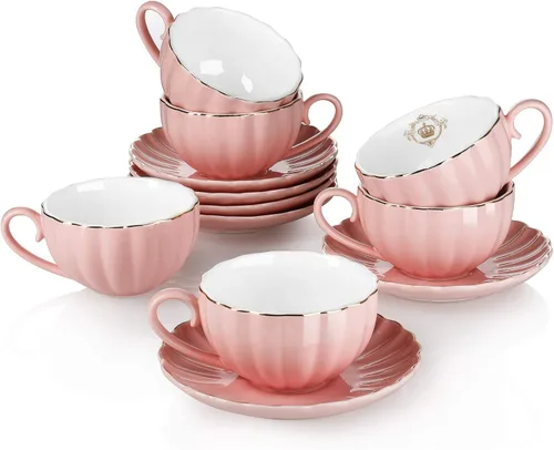 Tazas y platillos de té real, con ribete dorado y caja de regalo, tazas de café británicas, juego de té de porcelana, juego de 6 (8 onzas) - Rosa