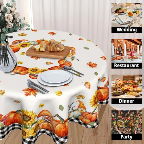 Miniatura 4 de Giwawa Mantel redondo de calabaza de otoño de 60 pulgadas, lavable, tela de poliéster impermeable, decorativo, para fiestas en el hogar