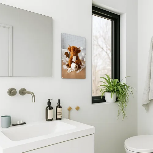 Miniatura 4 de Madewell Living Divertido letrero de metal de vaca de las montañas, arte de pared, decoración rústica de baño, fotos de vaca marrón para baño, baño