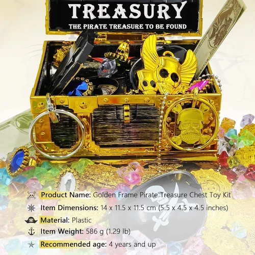 Miniatura 6 de Juego de 182 piezas de cofre del tesoro pirata con marco dorado para niños, con candado, mapa, monedas, aretes, anillos, parche para ojos, brújula