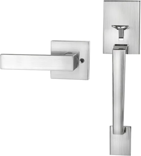 Azdele Juego de manijas de puerta delantera, color plateado, manija de puerta de níquel satinado para puertas diestras e zurdas, juego de manijas de