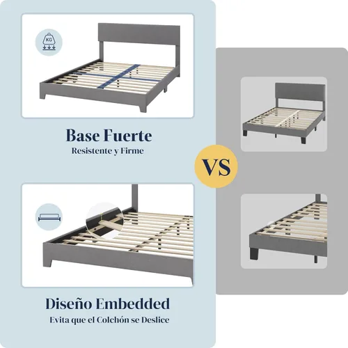 Miniatura 6 de Allewie - Base de cama Queen con cabecero tapizado ajustable, cama plataforma con listones de madera, base de colchón resistente, no necesita Gris