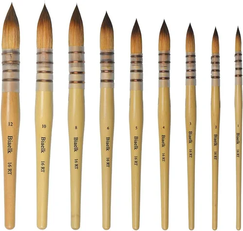 Biaelk16RT - Juego de pinceles de acuarela de pintura acrílica profesional para trapeador de pelo Taklon, punta redonda, mango de madera, tamaño