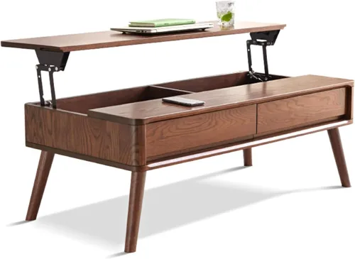 Miniatura 11 de Mesa auxiliar elevable con almacenamiento, mesa de centro elevadora de madera de roble 100% maciza, mesa de centro de madera de 39 pulgadas