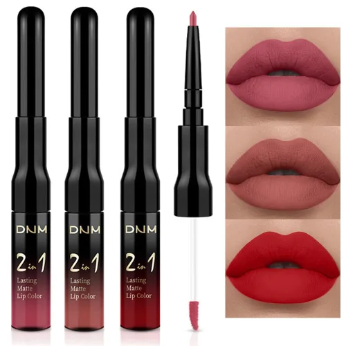 Miniatura 9 de 3 piezas 2 en 1 Set de delineador y lápiz labial líquido de color negro oscuro, púrpura y azul real para mujeres, tinte labial de larga duración, a