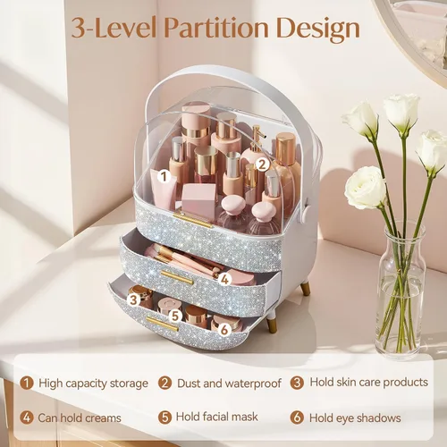 Miniatura 5 de Organizadores de maquillaje Bling, estuche de exhibición de cosméticos con cubierta transparente, organizadores de maquillaje de tocador para lápiz