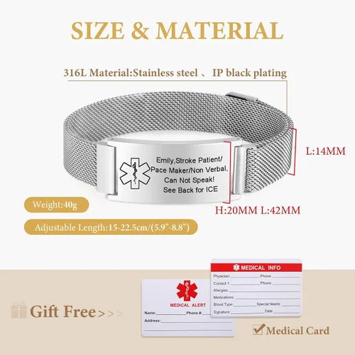 Miniatura 18 de VNOX Pulsera de identificación de alerta médica para hombres y mujeres, pulseras de alerta médica con grabado personalizado para mujeres y hombres