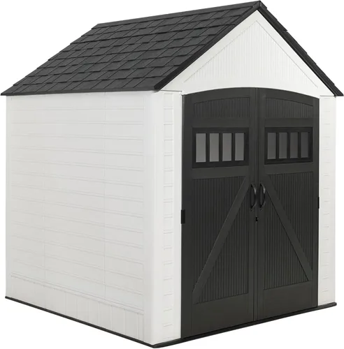 Miniatura 10 de Rubbermaid - Cobertizo grande vertical de resina para exteriores con piso (6.2 x 4.6 pies), resistente a la intemperie, beige/marrón, para organizar