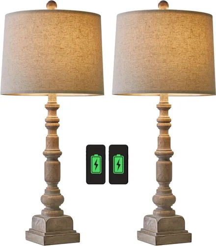 Miniatura 9 de Oneach Juego de 2 lámparas de mesa USB vintage de 27.75 pulgadas para sala de estar, dormitorio, lámpara tradicional de mesita de noche con doble