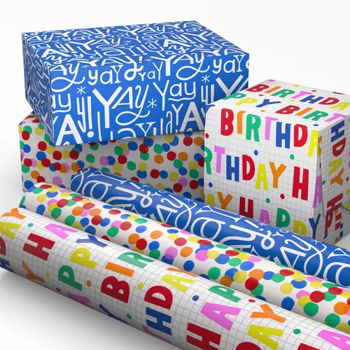 Hallmark Mini rollos de papel de regalo de cumpleaños, paquete de 3 (lunares arcoíris y letras, Yay azul y blanco) para fiestas infantiles,