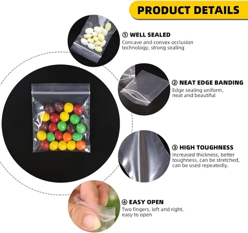 Miniatura 4 de Mini bolsas de plástico, 1000 unidades de 1.5 x 1.5 pulgadas, bolsas de almacenamiento reutilizables transparentes con cremallera para joyas