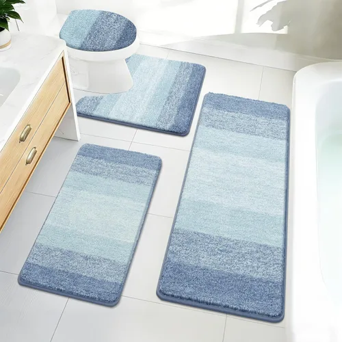Miniatura 17 de Bsmathom Juego de 4 alfombras de baño, alfombras de baño de microfibra suave y absorbente con alfombra de contorno en forma de U para inodoro y Azul
