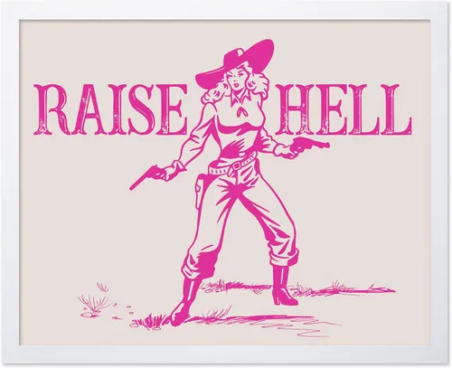 Miniatura 30 de Poster Master Póster retro de vaquera rosa con texto en inglés "Raise Hell", diseño de pared occidental, regalo para hombres y mujeres, decoración