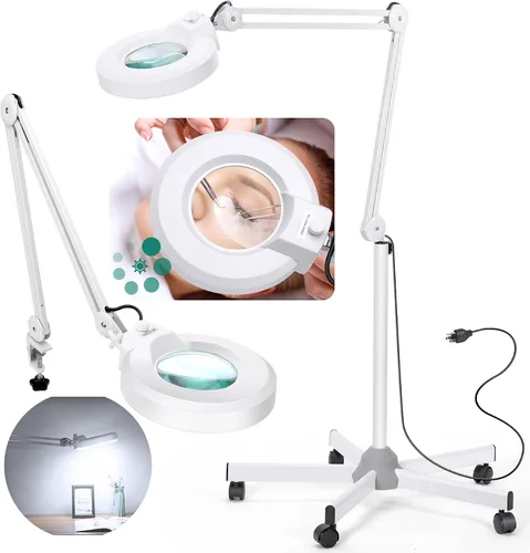 Miniatura 4 de Lupa súper brillante de 2,200 lúmenes con luz y soporte, lámpara de pie con base rodante de 5 ruedas para esteticistas de pestañas, regulable