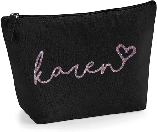 Miniatura 23 de Bolsa de accesorios de maquillaje con iniciales de nombre escritas a mano personalizadas en color negro con purpurina o textura de flocado