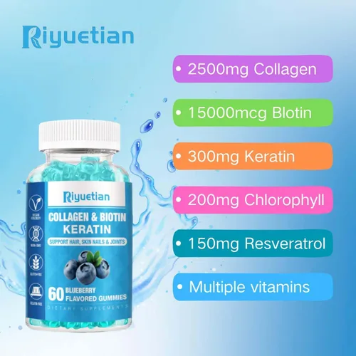 Miniatura 8 de Gomitas de biotina de 15000 mcg con colágeno para adultos, mujeres y hombres - Gomitas para cabello, piel y uñas con biotina - Colágeno para mujer