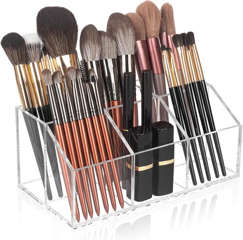 Organizador de brochas de maquillaje transparente de acrílico con 6 ranuras para cosméticos, organizador de almacenamiento para encimera de tocador