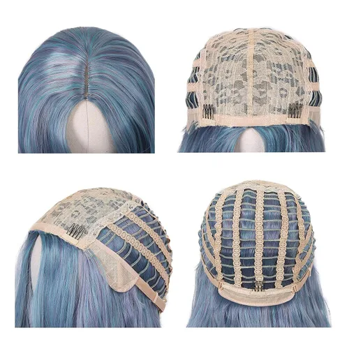 Miniatura 7 de Lady Miranda Peluca de cabello sintético de alta densidad con ondas de cuerpo gris mezclado, de color azul, de alta densidad, resistente al calor
