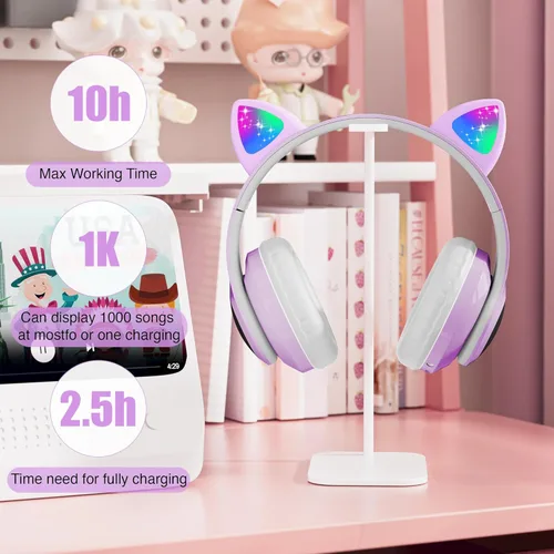 Miniatura 7 de Auriculares Bluetooth con cancelación de ruido para niños, auriculares plegables con forma de orejas de gato y luz LED, auriculares con orejas