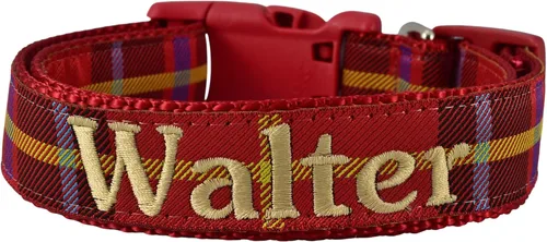 Collar de perro bordado personalizado a cuadros, collares de tartán, nombres para perros pequeños, medianos y grandes (rojo sobre rojo, pequeño 3/4