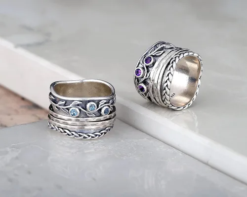 Miniatura 2 de Paz Creations - Anillos giratorios de plata de ley 925 para mujer con piedras preciosas naturales, banda gruesa con patrón martillado, joyería