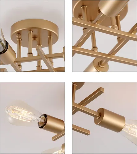 Miniatura 16 de AIHYING Lámpara de techo de 4 luces para montaje semiempotrado, lámpara de araña dorada de estilo industrial granja de mediados del siglo