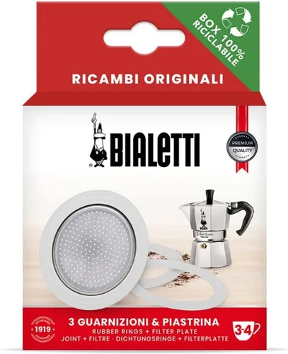 Bialetti Piezas de repuesto, incluye 3 juntas y 1 plato, compatible con Moka Express, Fiammetta, Break, Happy, Dama, Moka Melody, Alpina, Moka Timer