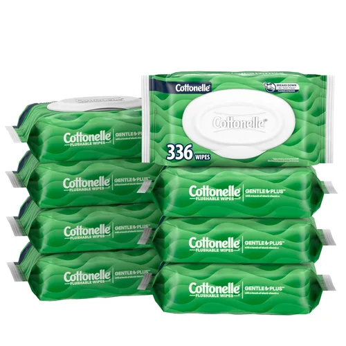 Cottonelle GentlePlus Toallitas húmedas desechables con aloe y vitamina E, 8 paquetes con tapa abatible, 42 toallitas por paquete (336 toallitas en