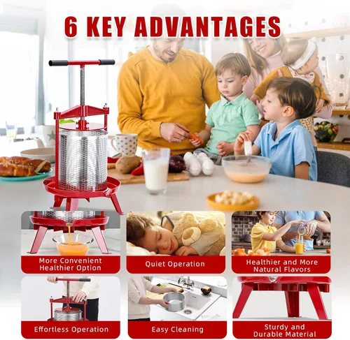 Miniatura 5 de Prensa de frutas y vino de acero inoxidable de 3.69 galones, prensa manual de vino de frutas, con mango en T, estructura triangular estable, prensa