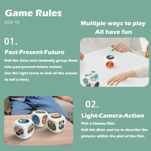 Miniatura 6 de Juego de dados de historia, 9 coloridos cubos de narración de historias para educación temprana, 54 imágenes icónicas de cuentos, expresión